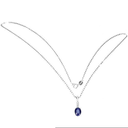 925 Sterling Silver Oval Sapphire Kanchanaburi 8x6mm White Topaz Necklace - Picture 3 of 10