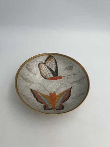Vintage Indian Solid Brass Enamelled Footed Bon Bon Dish Bowl Butterflies Grey - Picture 2 of 11