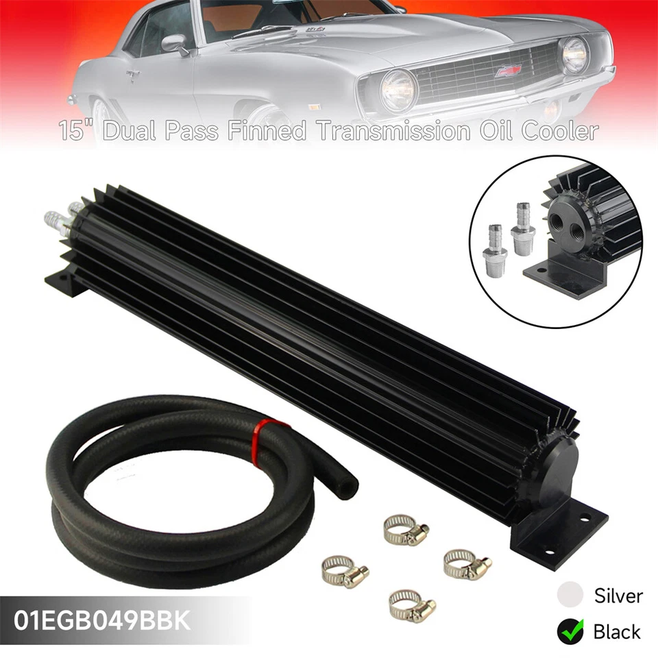 Kit de enfriador de aceite universal de transmisión con aletas de doble paso de aluminio de 15"" negro Foto 3 de 4