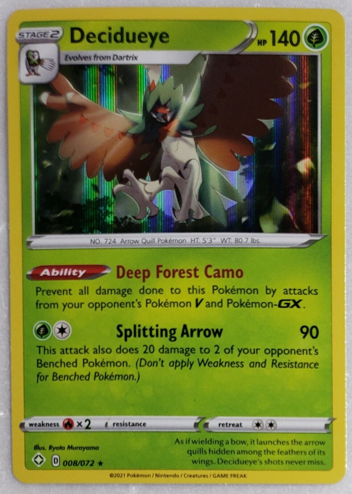 💥 DECIDUEYE 8/72 HOLO SHINING FATES PACK FRESH POKEMON CARD 💥 