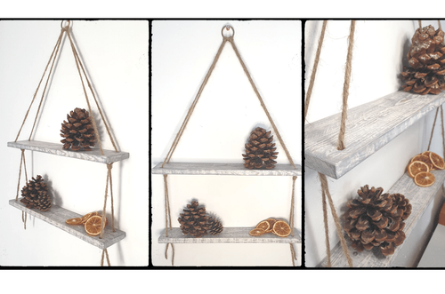 Hanging Wall Rope Shelves Rustic Vintage White Grey Wooden Wood Floating Shelf - Picture 3 of 11
