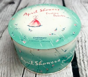 Vtg 1940s CHERAMY New York APRIL SHOWERS DUSTING POWDER Box w/Puff—50% Full