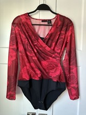 NWT TAHARI Women's Perfect Shape Black Red Rose Long Sleeves Bodysuit Small M