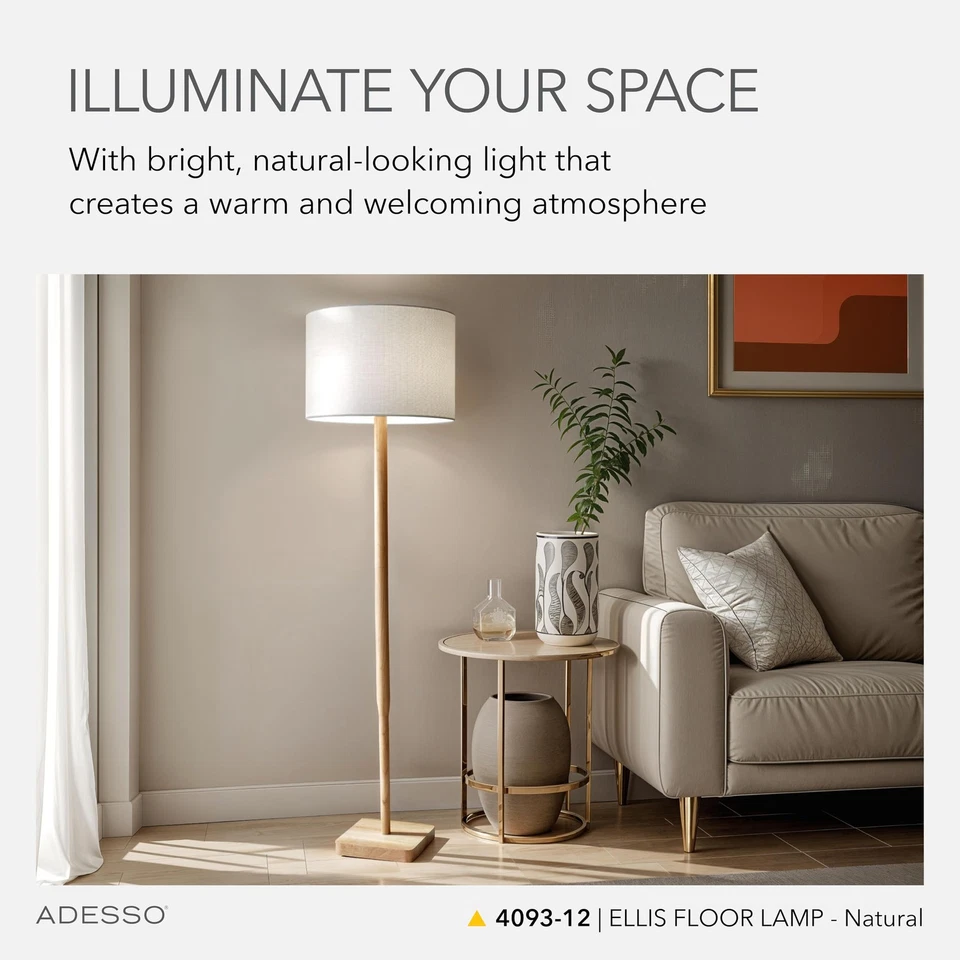 Floor Lamp with Natural Rubberwood Base and White Linen Lampshade – 3-Way Adj... - Image 2 of 4
