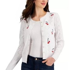 Charter Club Sweater Women's Medium Cherry Button Cardigan Embroidered Cotton