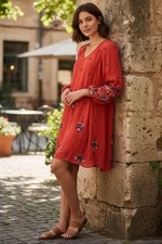 Free People Red Combo Embroidered Peasant Boho Festival Mini Dress Open Back XS