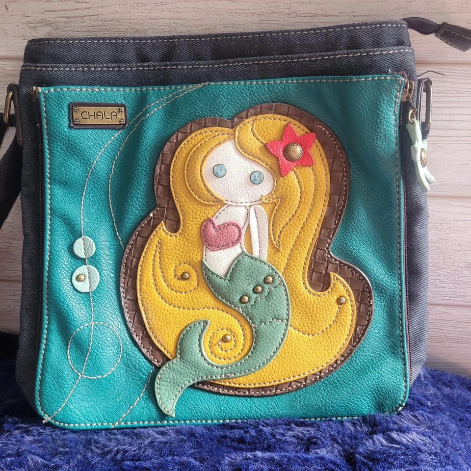 Bolso Bandolera Chala Sirena Verde Azulado Aqua Cartera de Hombro Denim Borde Estrella de Mar Dije Foto 3 de 4