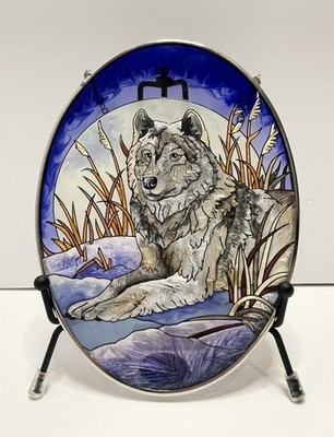 Amia Hand Painted Stained Glass Suncatcher with Wolf Design