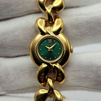 #ad Pulsar Ladies Gold Tone w Green Dial Quartz Watch V810 1030 PARTS REPAIR $149.00