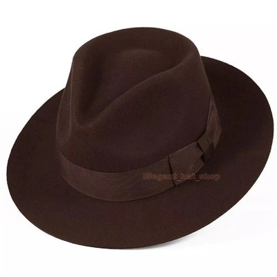 100% Wool Stiff and Snap Brim Felt Fedora Trilby Hat With Wide Band