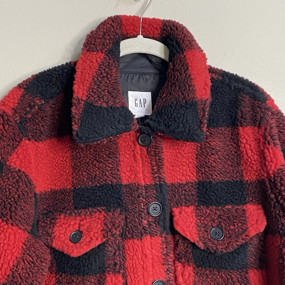 NUEVO CON ETIQUETAS GAP Rojo y Negro Buffalo Cuadros Camisa Sherpa Chaqueta Talla Mediana Foto 2 de 4