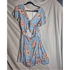 MINKPINK Blue Floral Cutout Mini Dress Womens Size S Short Sleeve Tie Front