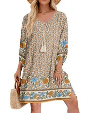 Casual Summer Mothers Day Dress Boho Tassel Tie Neck Cover Up 3/4 Long Sleeve...