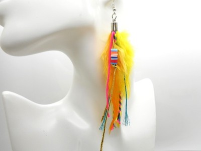 Bohemian Feather Earrings Vibrant Yellow Dominant  Women Pair 2'' Silver Plated