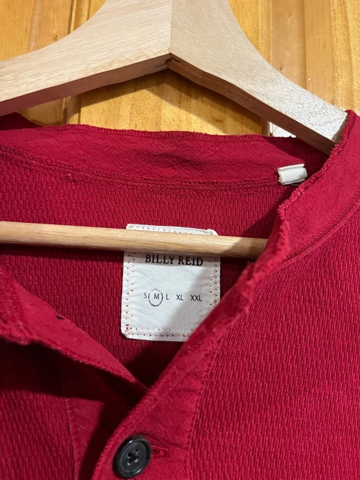 Men’s Billy Reid Red Cherry Red Henley Waffle Knit Thermal Layering Shirt - Image 2 of 4
