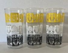 Vintage 8 oz Juice Glasses 3 Yellow Black White Harps Design Glass Tumblers MCM