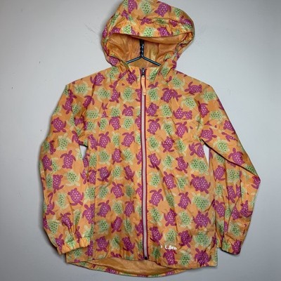 VTG Kids L.L. Bean Girls Size 10 Orange Purple Turtle Print Hooded Rain Jacket