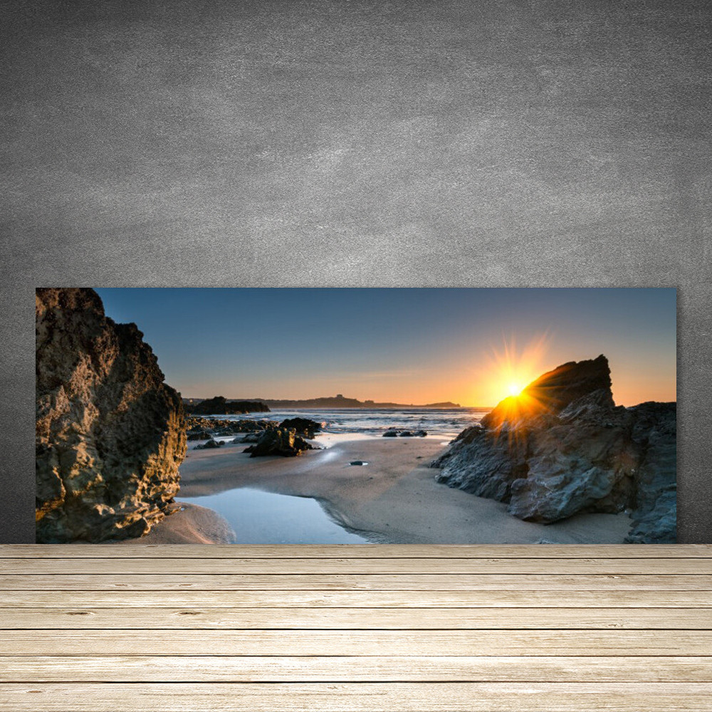 Crédence de cuisine en verre 125x50 cm motif plage rocheuse et soleil
