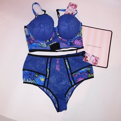 Victoria Secret Mary Katrantzou Bra Set 34D Medium Panty Blue Floral Lace Design