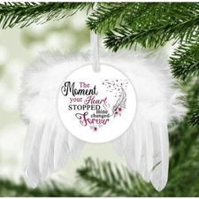Angel Wing Feather Heart Stopped Memorial White Christmas Tree Ornament Handmade