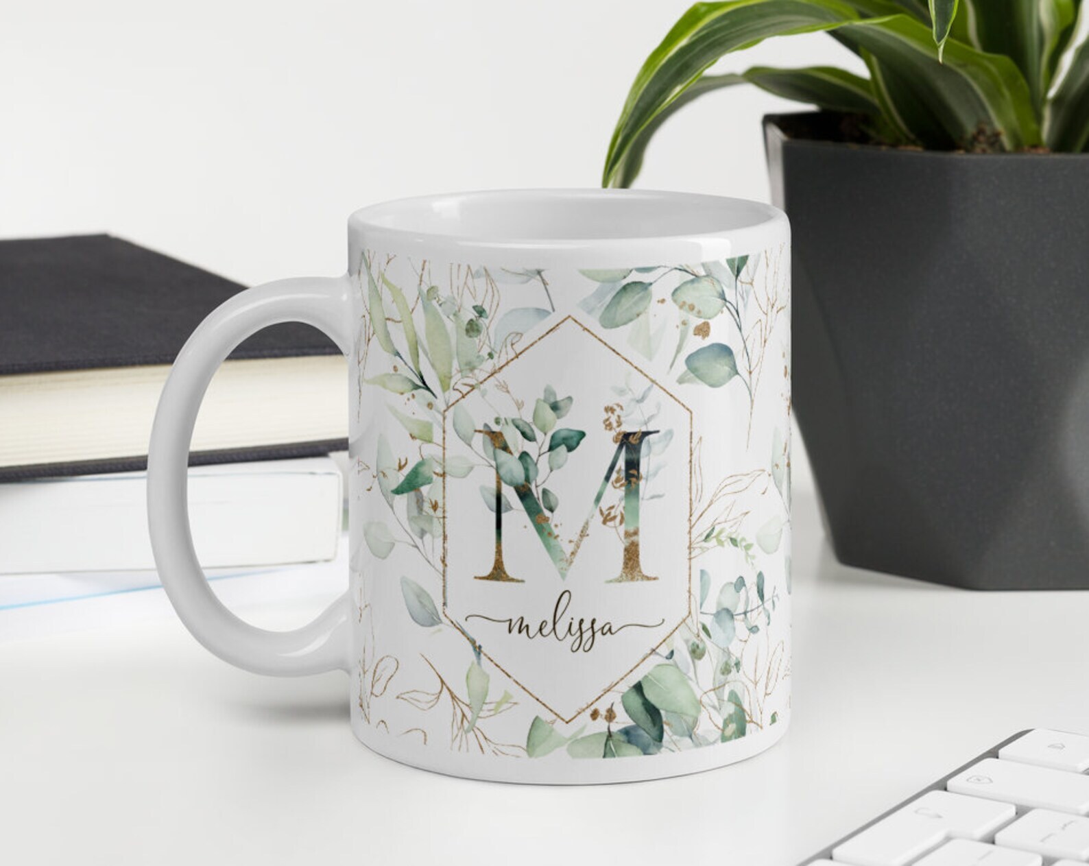 Letter M Mug Initial M Monogram Personalize Gift Floral Alphabet Coffee Tea Cup