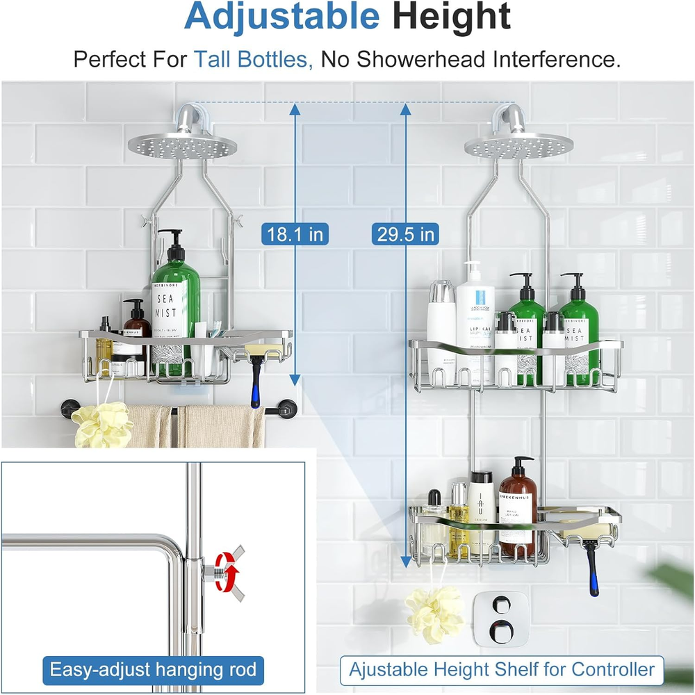Shower Caddy, Upgraded Extended Length Shower Caddy over Showerhead No Blocking Shower Caddy, Upgraded Extended Length Shower Caddy over Showerhead No Blocking