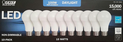 FEIT 100W LED Bulbs Using 15W Daylight 5000K 1600 Lumens (10 Lamps)
