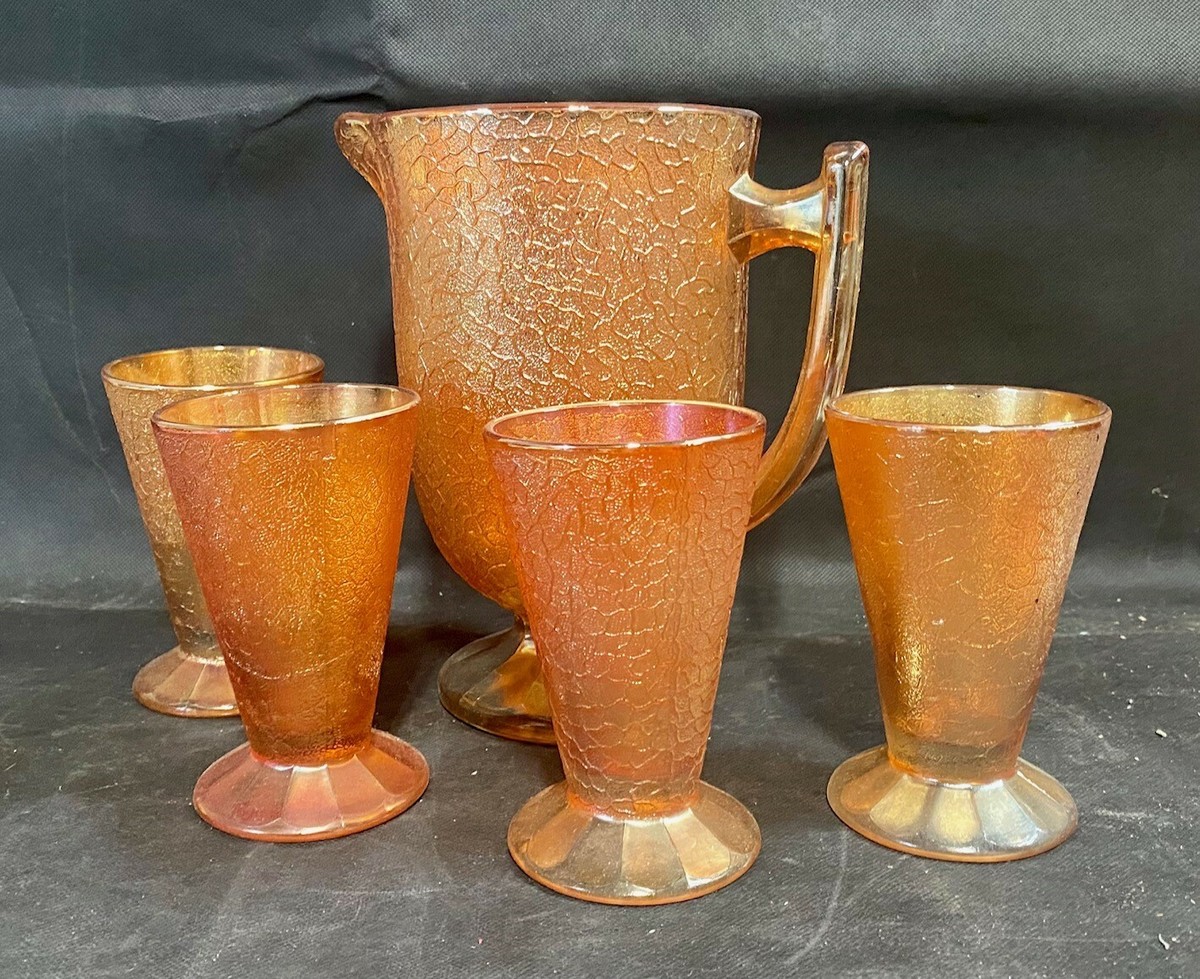 Carnival Glass Marigold Antique Orange Pitcher and Glasses Set | eBay