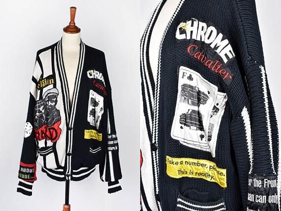 Vtg 80s Frontline Patchwork Cardigan Sz M Lined Kurt Cobain