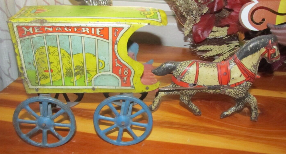 Antique Converse Horse Drawn Menagerie Wagon Tin & Wood Vintage Toy Circus Graph