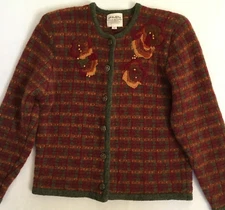 Susan Bristol Multicolor Wool Hand Embroidered L/S Cardigan Sweater Medium M