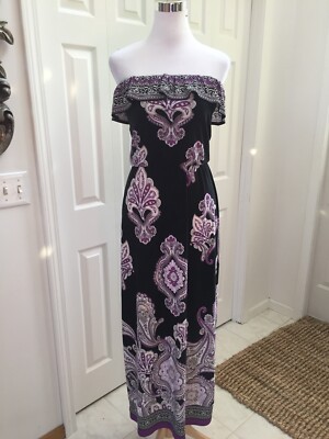 WHITE HOUSE BLACK MARKET Black Purple Paisley Ruffle STRAPLESS Maxi Dress  XS | eBay