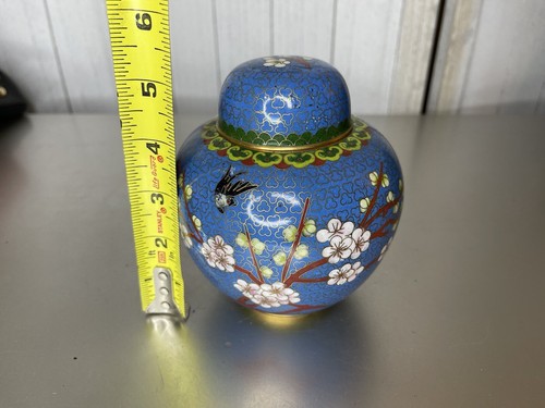 Vintage Cloisonné Floral Birds Ginger Jar W/Lid Blue Enamel Lining #2 - Picture 9 of 9