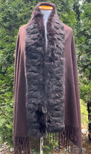 Jennifer Sun Brown Genuine Rabbit Fur Trim Cashmere/wool Shawl Cape Wrap Scarf