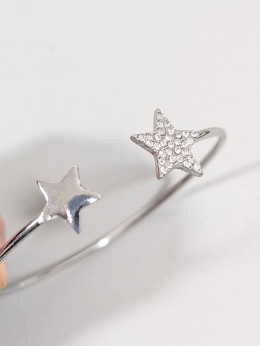 Silver Tone Star Rhinestone Pave Open Cuff Bangle Bracelet 7.5 inches - Picture 3 of 10