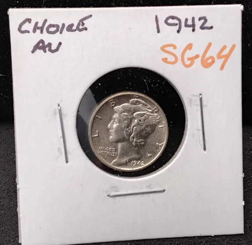 1942 MERCURY SILVER DIME - CHOICE AU - SG64