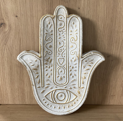 Deko Tablett Hamsa Hand Fatima Hand Eye Auge Weiß & Gold Holz Boho Stil 