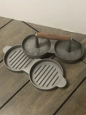 Vintage Double Patty Burger Press Mold Maker With Wooden Handle  4” Patty