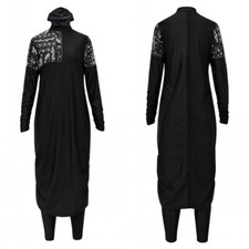 Muslim Black Floral Swimwear For Women 3 Pcs Burkini Islamic Full Cover Swimsuit