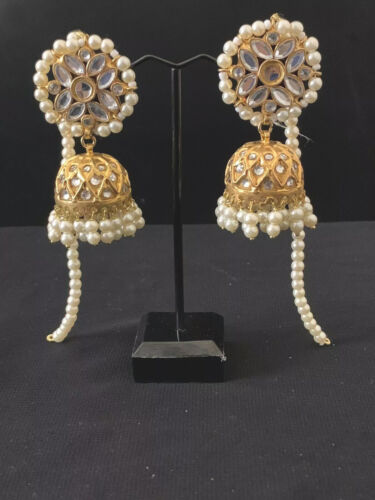 Ghazi's Imitated Indian Bollywood Pearl Gold Choker Jhumka Earrings W Hair  Chain | eBay