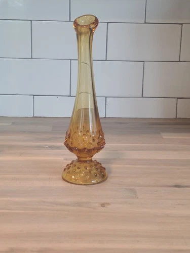 Vintage Fenton Amber Hobnail Swung Glass Bud Vase