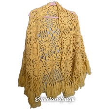 Handmade Crochet Floral Pattern Cream Yellow Shawl with Decorative Fringe Large