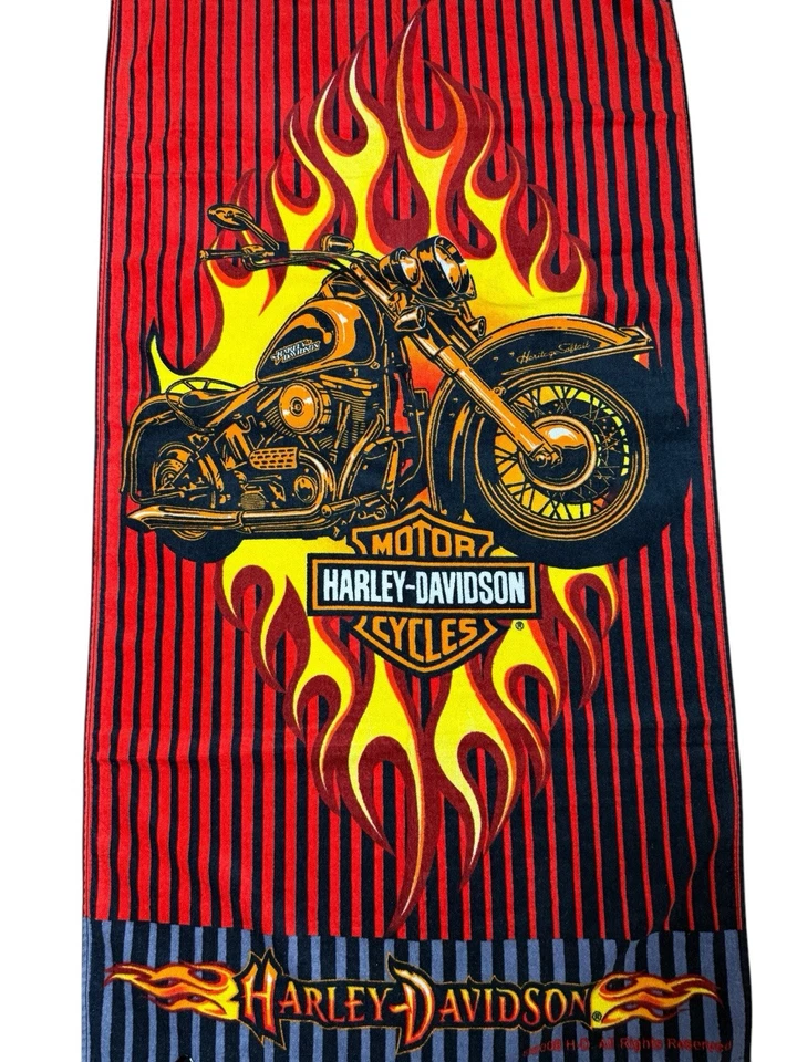 Toalla de playa Harley-Davidson Flames 2008 motociclista equipo negro rojo de colección Foto 2 de 4