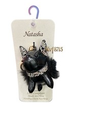 Natasha French Bulldog Bag Charm Key Chain Rhinestone Faux Fur Black New Dog