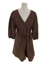 M&S Women's Dress Choc Brown Corduroy Empire Waist Panels Buttons 3/4 Sleeve New
