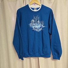Vintage Style Sweatshirt Painted Design Trees Snow Glitter Blue Crewneck Granny