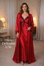 Delicates Red Satin Lace Robe  Nightgown Set L/XL Full Length Maxi