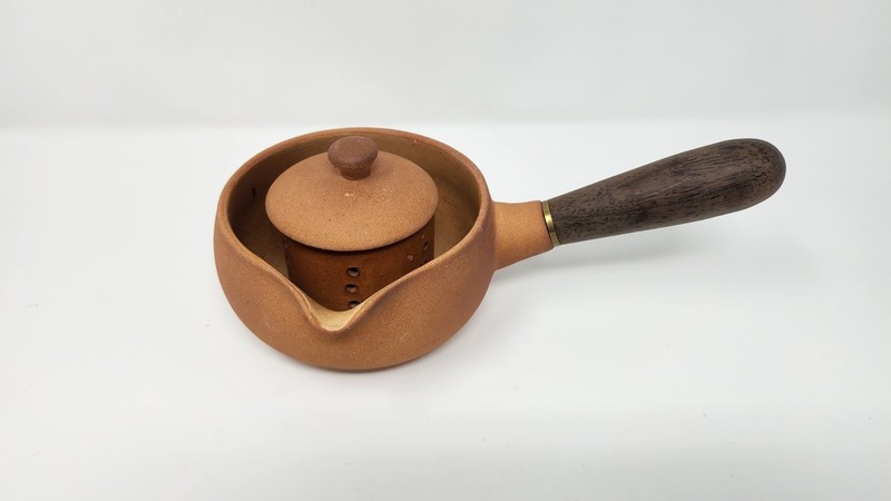 Vintage Kyusu Chinese Side Wooden Handle Tea Kettle Coarse Pottery