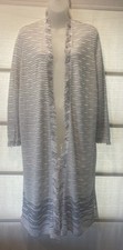 Nic Zoe Taupe/Blue Linen/Cotton Fringe Trim Open Long Cardigan Sweater L EUC