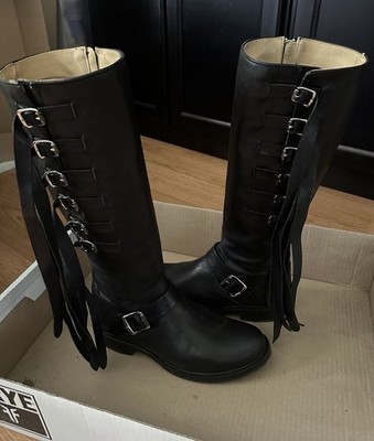FRYE Veronica Tall Strap Boots Black Leather Size 9 Excellent *RARE* In Box